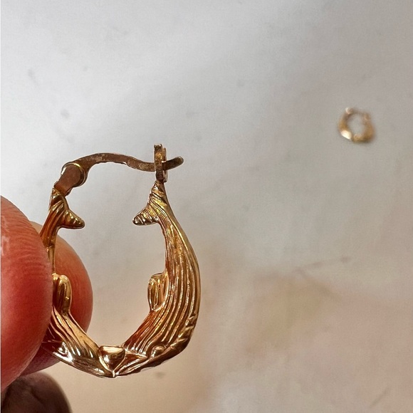 14K Pure Gold Double Dolphin Shaped Motif Hoop Earrings - Picture 8 of 11
